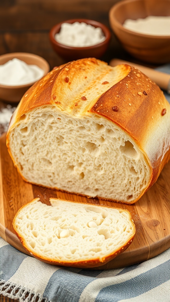 Quick Sourdough Bread Recipe A golden-brown loaf of sourdough bread on a wooden board, with slices cut and a bowl of sourdough starter in the background.